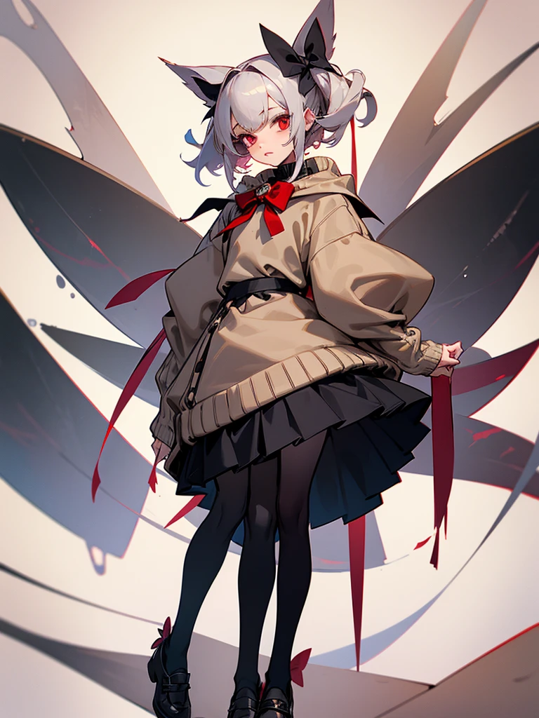 a female wearing black school girl shoes, a fluffy beige sweater with a blue bow wrapped around her neck... a red bow in her hair.... she was skinny, about 170cm tall (5,7ft) and she had thin eyebrows... She had hooked eyes, small lips.... her face was pale and her eyes were crimson red