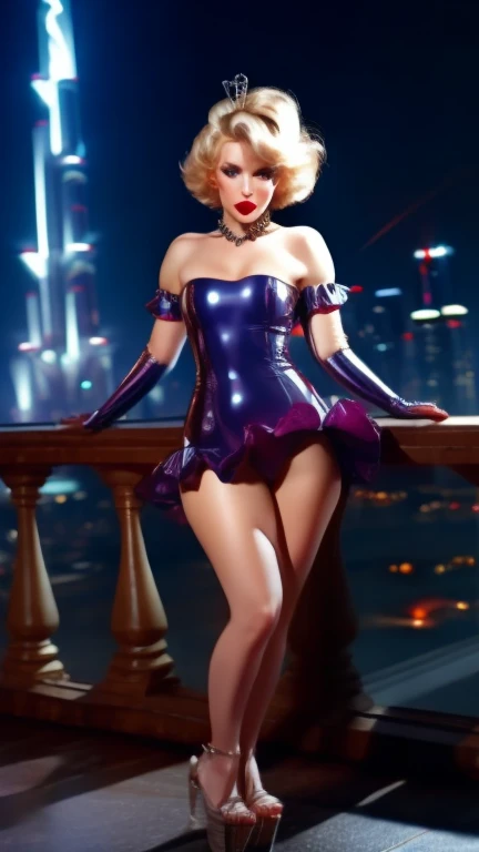 Movie film stills beautiful adult woman, 30 years old, alone,  Frank, eyeliner, eye shadow, compensate, ((lip liner)),  ((Platinum Blonde Hair)) Bob Cut Hair, [Finger waves] Hair fascinator, 最high quality, high quality, High detail, 4K, 8K resolution, dr3ss, Bodycon Dress, Rainbow Latex, skirt, See-through, Perfect fit, Earrings, chest, Platform heels, Playing with the audience, In-person audience, Are standing, (elbow gloves), gloves, Fluffy ruffled sleeves, close, Dubai, Burj Khalifa, City lights at dusk . Shallow depth of field, Vignette, Very detailed, High budget, Bokeh, CinemaScope, Sulky, amazing, nice, Film Grain, granular