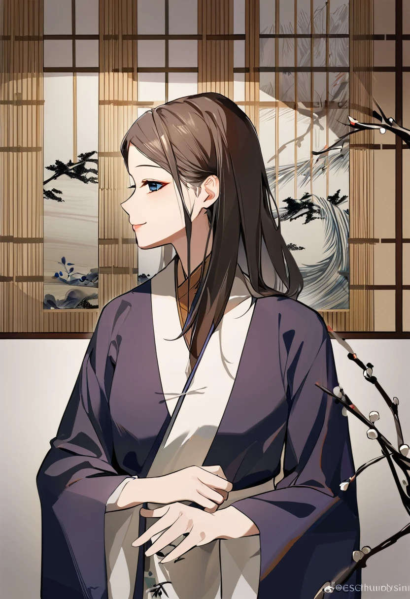 shukezouma, negative space, , shuimobysim , portrait of a woman standing , willow branches, (work of art, best qualityer:1.2), chinese traditional ink painting, model shoot style, peaceful, (ssmile), gazing at viewer, new, Hanfu, song, willow in the background, wuchangshuo,