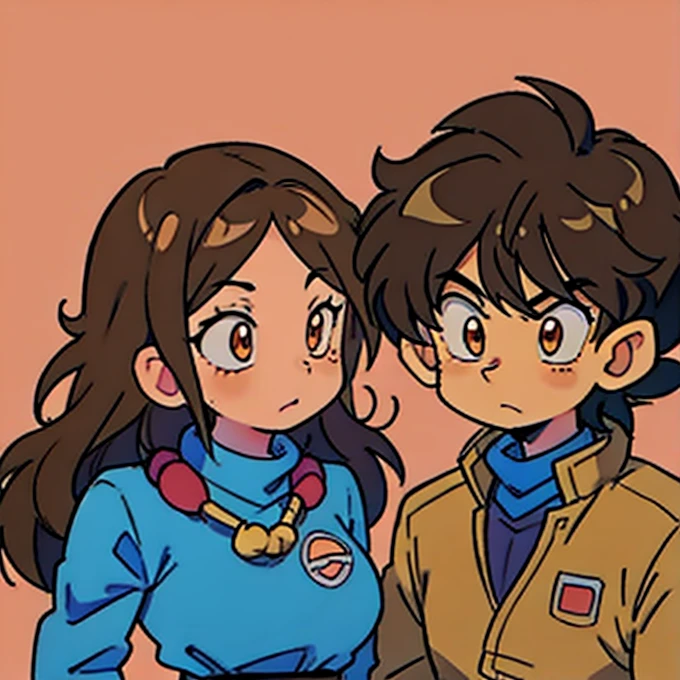 Couple, on the left a beautiful anime girl with long curly brown hair and brown color eyes wearing dragon ball style akira toriyama shocked looking face, on the right a boy male face with short hair short male brown hair neutral clothes no background happy expression