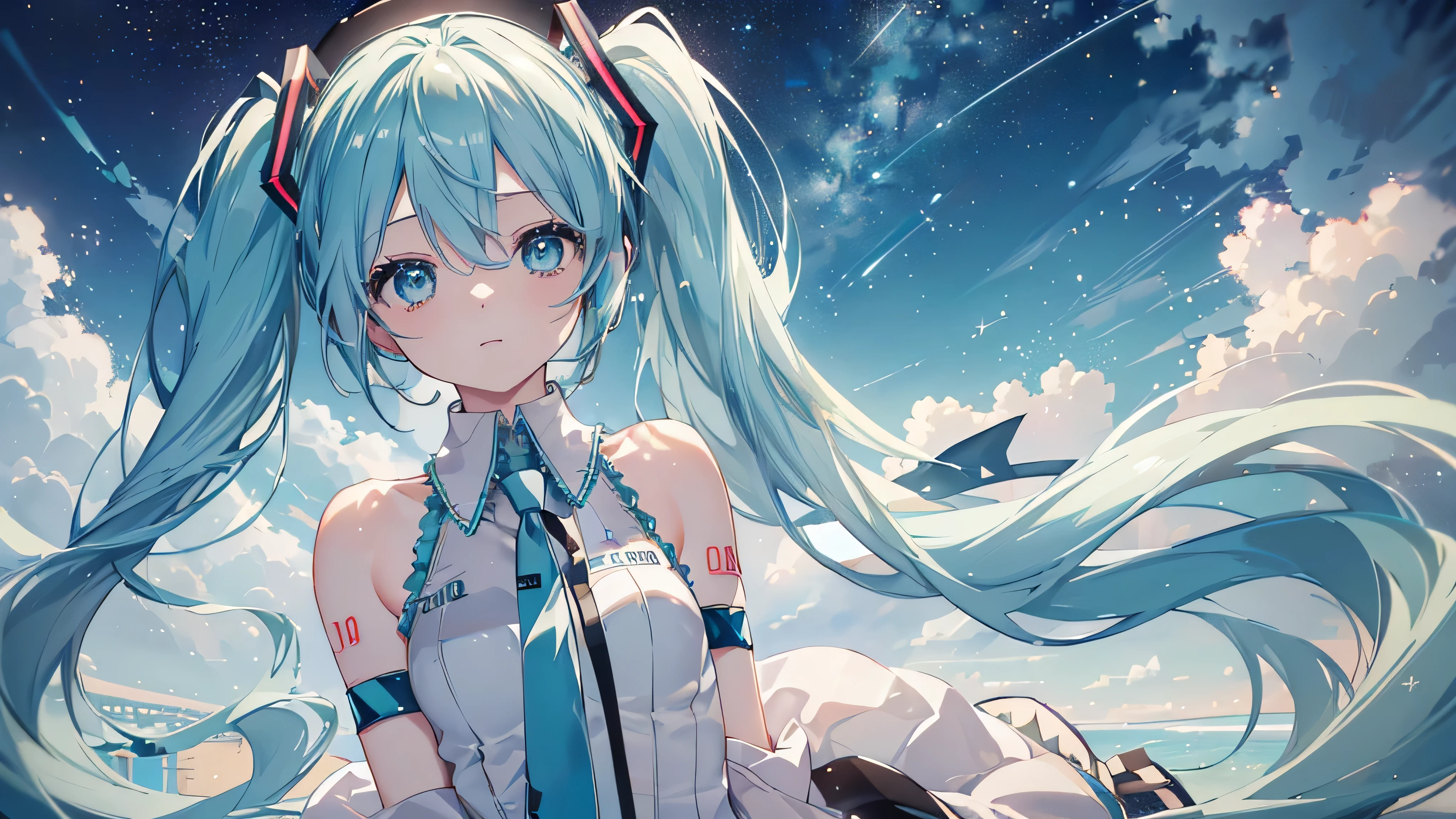 (Starry Sky), ((Beautiful eyes)), (((Hatsune Miku))), (((Highest quality、masterpiece、Ultra-fine、Ultra-fine、Exquisite、16K、Full HD,))) 、Long eyelashes、White skin、(thin and long)、 ((cute)) ((One person)),Zoom out