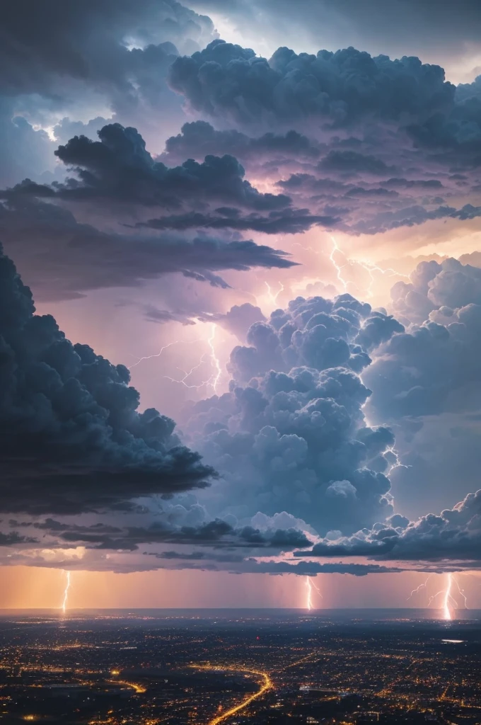 clouds, great lightning falling from the sky and hitting the earth