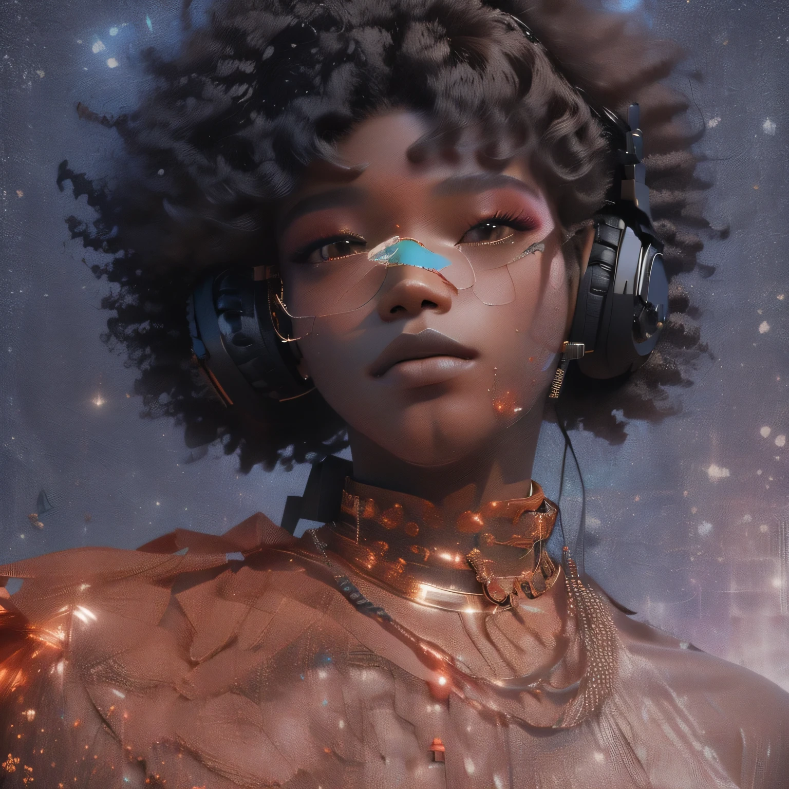 there is a man with headphones on and a nose ring, with headphones, afro futuristic, with headphones, he has headphones, new album cover, using headphones, art album, with afro, Adrien Girod, headphones on the head, a black man with long curly hair, hip hop lofi, black man with afro hair, lo fi, Floating headphones. An anime girl behind anime culture. 2d drawing