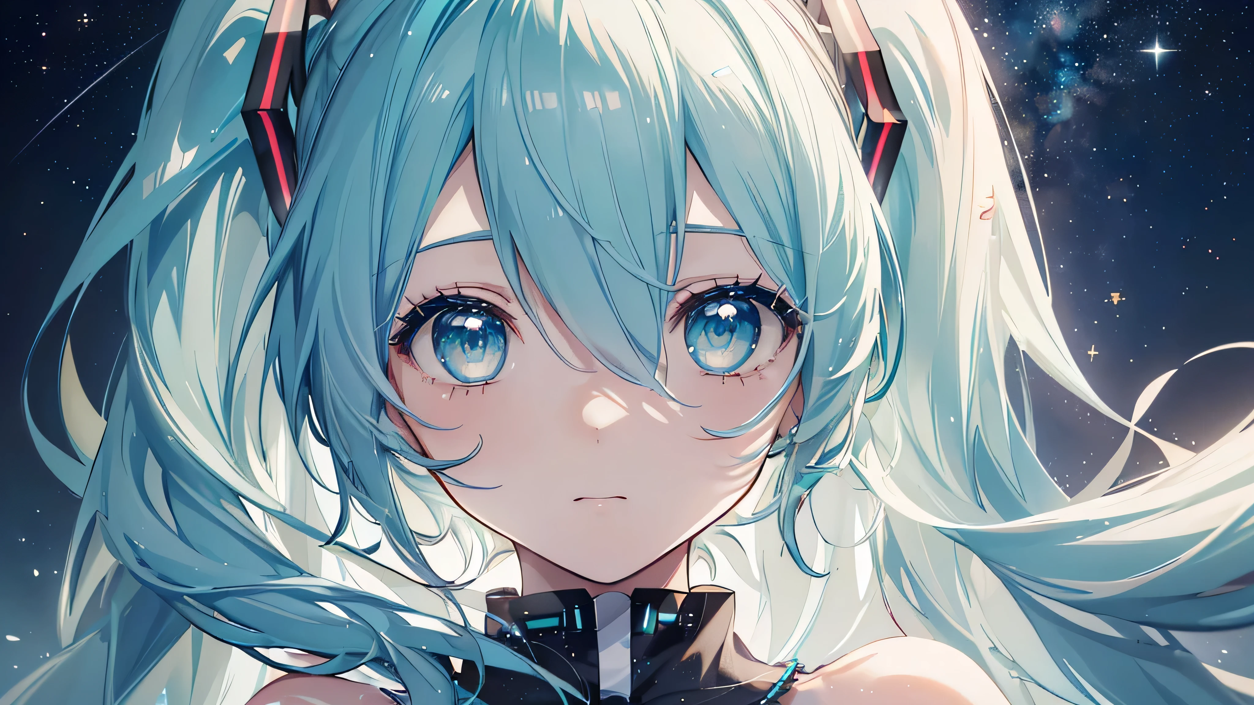 (Starry Sky), ((Beautiful eyes)), (((Hatsune Miku))), (((Highest quality、masterpiece、Ultra-fine、Ultra-fine、Exquisite、16K、Full HD,))) 、Long eyelashes、White skin、(thin and long)、 ((cute)) ((One person)),Zoom out