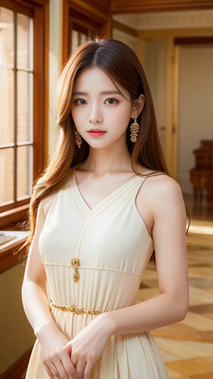 Highest quality, masterpiece, Super Resolution, Portrait of a woman with long hair, Goddess's clothes,Spiritual gorgeous background,(Photorealistic:1.4), One Girl, No background, Beautiful young Japanese woman, Young lovely Japan face, Gorgeous Young Japanese Woman, beautiful asian face, Young Asian Woman, (Waist shot body), (Interior background of the café),