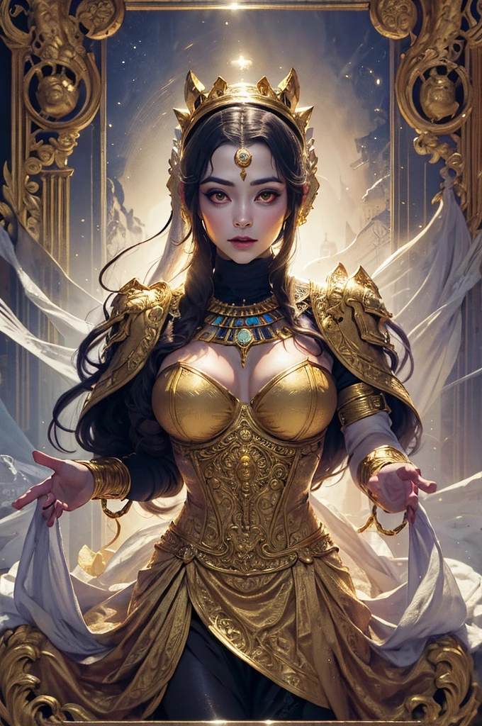 beautiful goddess isis, egyptian goddess, alphonse mucha style, detailed crown, queenie gesture, ornate headdress, flowing robes, golden skin, piercing eyes, intricate details, ethereal lighting, dreamlike atmosphere, vibrant colors, dramatic pose, masterpiece, 8k, ultra-detailed, photorealistic, cinematic, glowing aura