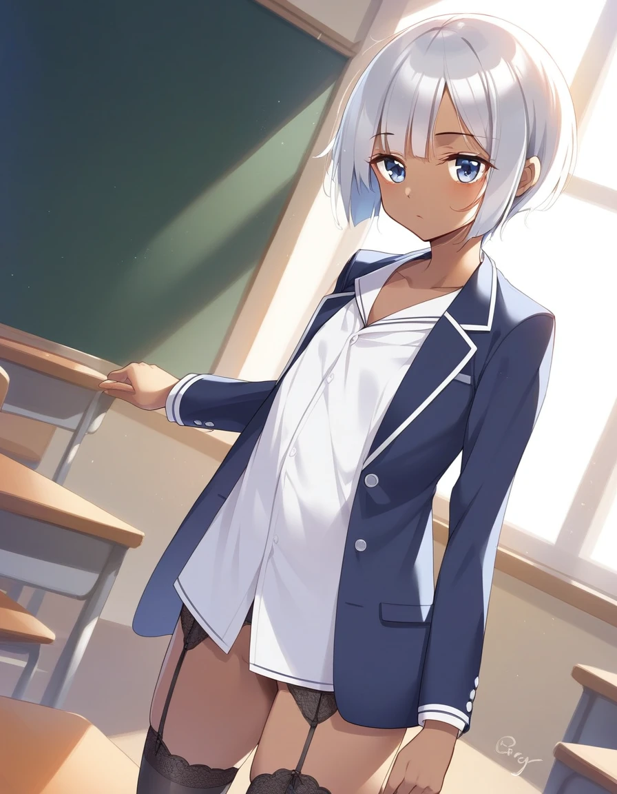 BREAK Perfect Anatomy、Highest quality、(High resolution:1.2)、Unbelievably absurd:1.3、Incredible illustrations、(Cute illustrations:1.2)、nsfw,(Beautiful background,classroom)、1gial(Silver hair, blue eyes、Bobcut(child,(a girl, , height 1.3meters, 30kg),,10-year-old,flat chest、dark skin:1.5)(flat chest)(serafuku,blazer,garter belt)(story,dutch angle,cinematic angle)