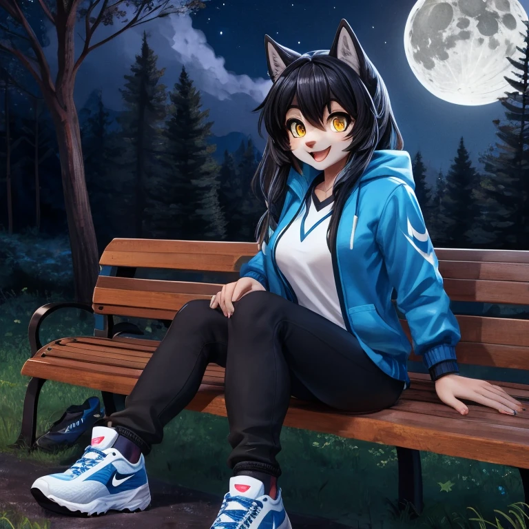 Masterpiece, best quality, high quality, 4K, One black wolf girl, has Yellow eyes, beautiful eyes, wears Blue jacket with sport jeans, wears Blue and Black Nike shoes on his legs, has medium boobs, sitting on a bench, happy expression, in the forest, Night, Full Moon and stars in the sky