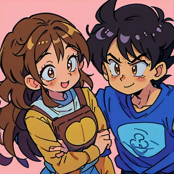 Couple, on the left smile a beautiful anime girl with long curly brown hair and brown color eyes wearing dragon ball style happy expression akira toriyama shocked looking face, on the right a boy male face with short hair short male brown hair neutral clothes no background happy expression