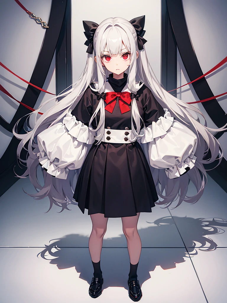  a female wearing black school girl shoes, a fluffy beige sweater with a blue bow wrapped around her neck... a red bow in her hair.... she was skinny, about 170cm tall (5,7ft) and she had thin eyebrows... She had hooked eyes, small lips.... her face was pale and her eyes were crimson red