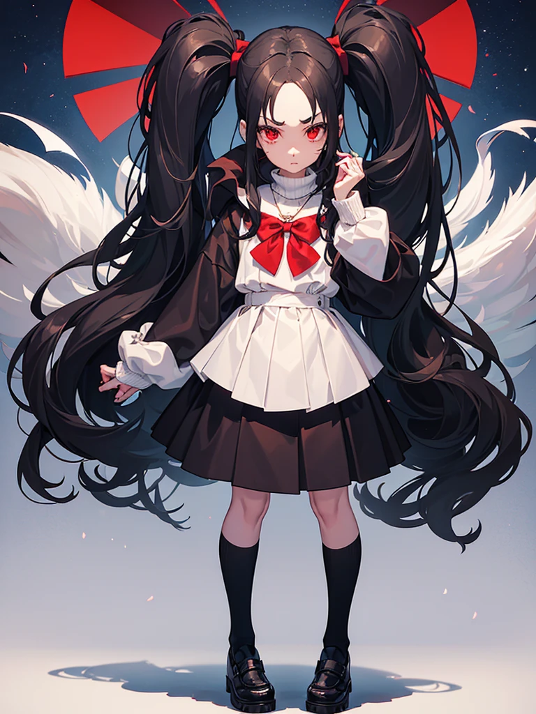 a female wearing black school girl shoes, a fluffy beige sweater with a blue bow wrapped around her neck... a red bow in her hair.... she was skinny, about 170cm tall (5,7ft) and she had thin eyebrows... She had hooked eyes, small lips.... her face was pale and her eyes were crimson red