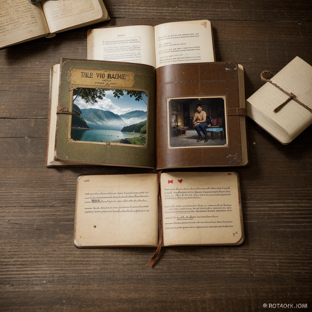 make a pict of Vintage background with old post cards and empty open book, write on book : TERNATE on up side of book and a photo of a 24yo Indonesian man on low side, realistic 64k, HDR