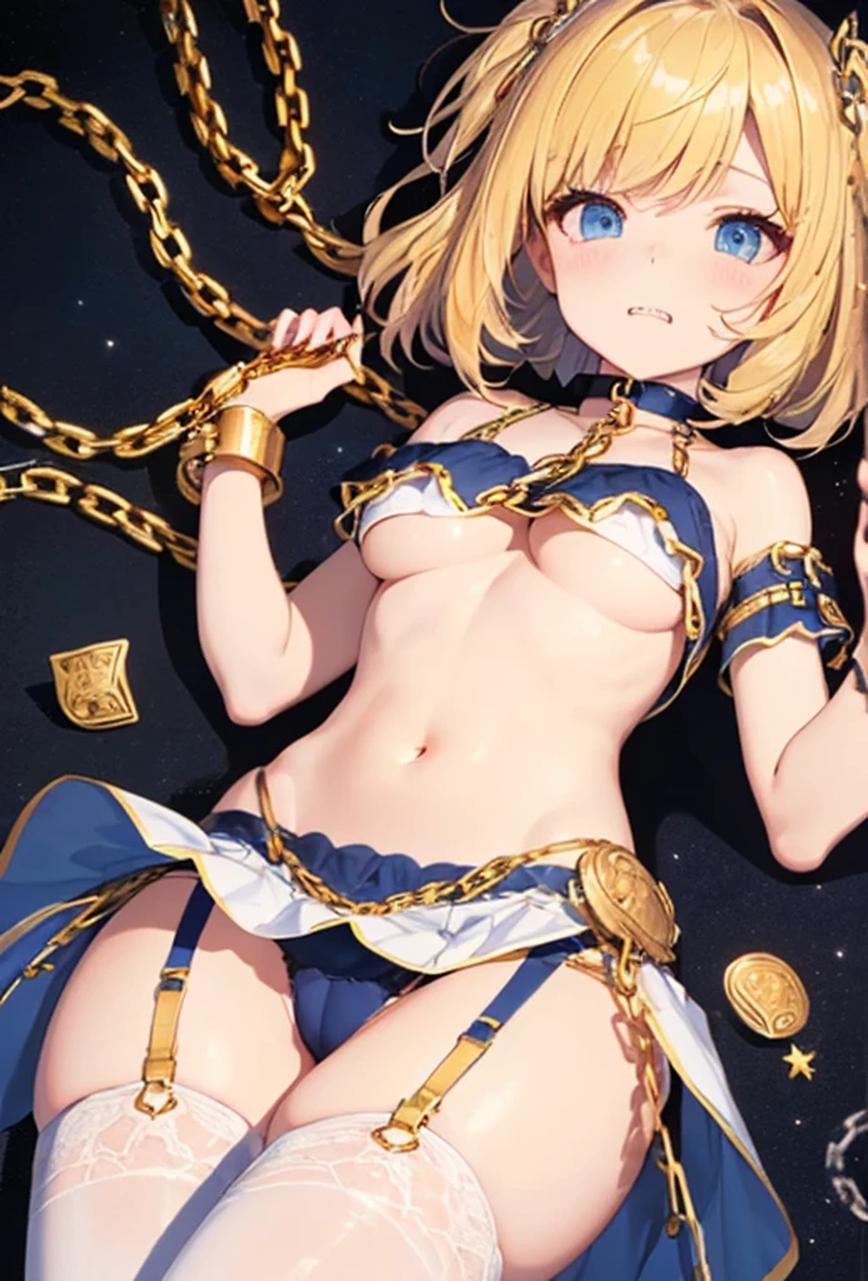 (Super detailed、Ultra-high resolution、Detailed Background)、((Flat Color))、((colorful))、Multicolored lighting、((Floating colorful water))、Blue background、
Bound Princess、Random Pause、(Chained、Golden Chain、Chained to the body、Chained first round、handcuffs、shortage々Shii:1.4)、Random Sexy Poses
(Medium Hair、Blonde Hair、hair ornaments、choker)、(Mini Dress、choker、Knee-high stockings、garter belt、White biting panties）、Sexy uniform showing the underside of the chest）、(((underboob)))、cameltoe、TWICE&#39;s Tzuyu&#39; on pause、Beautiful blue eyes、Beautiful red lip、(A fearless smile）