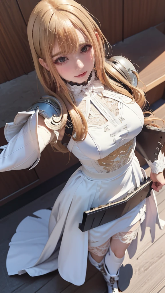 (dynamic fighting pose),(leather boots,(asymmetrical mecha armor),(long embroidered white lace dress,see through,lift up the hem of the dress)),(random hairstyle),(Thin type:1.8),(large breasts),(Highest image quality,(8K), Ultra-realistic, Best Quality, High quality, High Definition, high quality texture, high detailing, Beautiful detailed, fine detailed, extremely details CG, Detailed texture, realistic representation of face, masterpiece, presence)