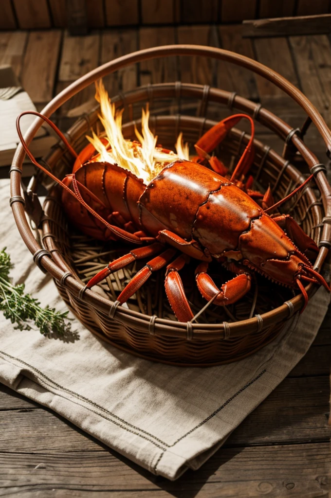 A burning lobster in a basket