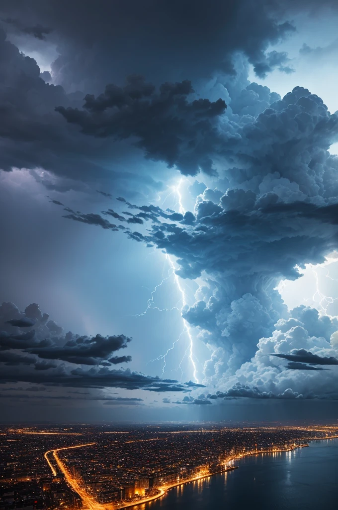 clouds, great lightning falling from the sky and hitting the earth, chilling and scary scene