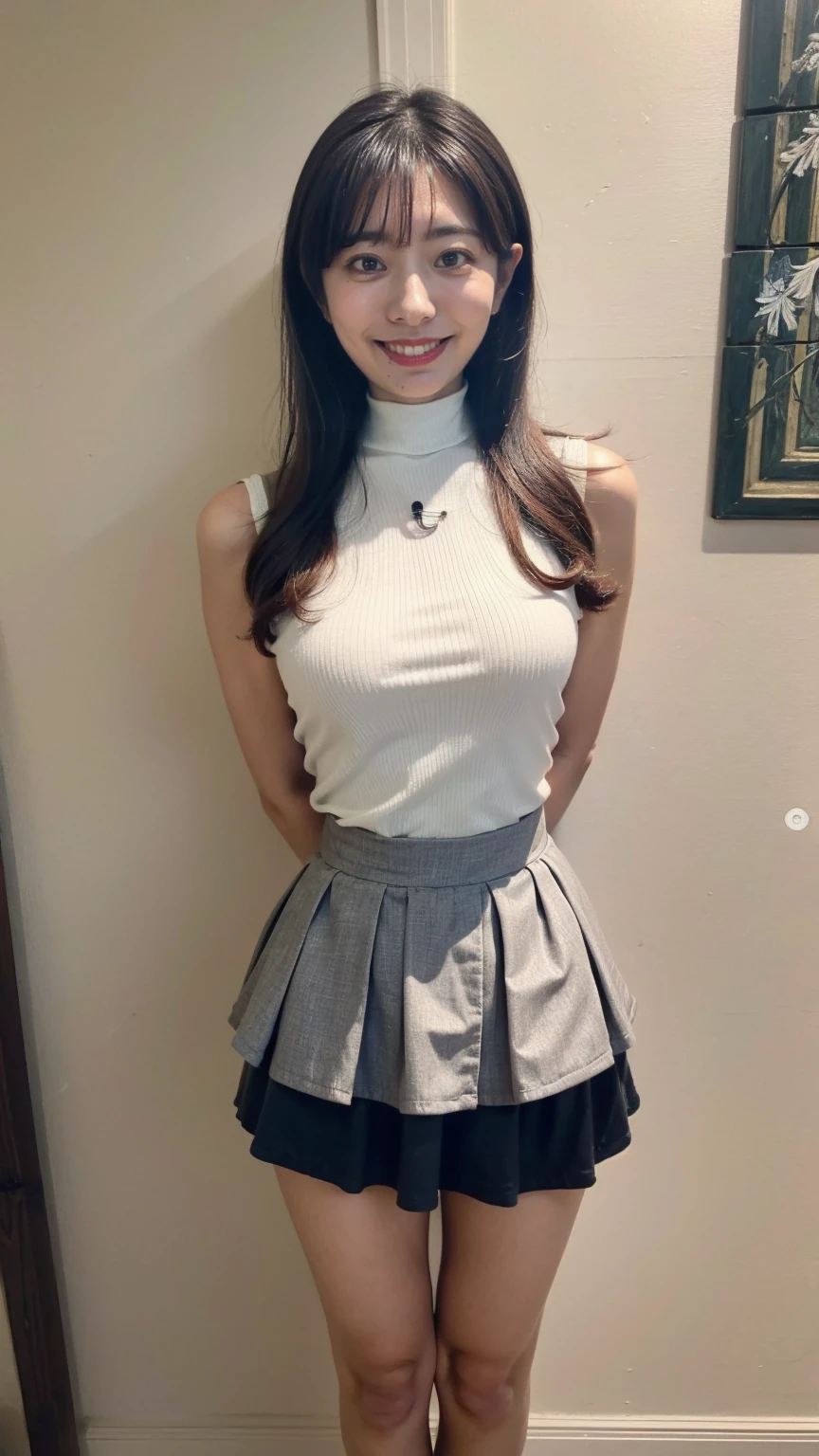 (8K、RAW Photos、Highest quality、masterpiece:1.2)、(Realistic、Realistic)、1 girl、((Sleeveless turtleneck and mini skirt:1.5、With pubic hair、Large Breasts、Full body from the front、Standing with hands behind back、、Lots of eyelashes、Glowing eyelids、skeletally correct、smile、This photo will awaken boys to sex
