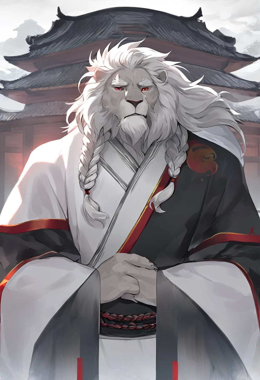 White lion，personification，Mature male，Strong Man，White hair，Cold expression，Red pupil，Gray eyebrows，Braids，Black Hanfu，Stand in the distance。