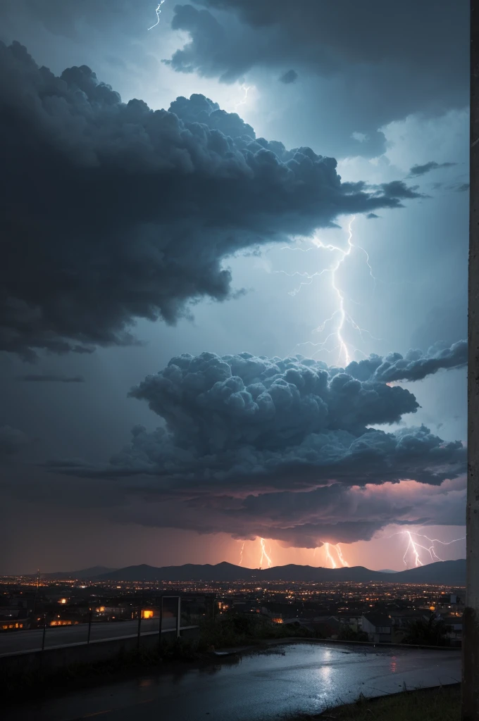 Dark, heavy clouds, great lightning falling from the sky and hitting the earth, chilling and scary scene