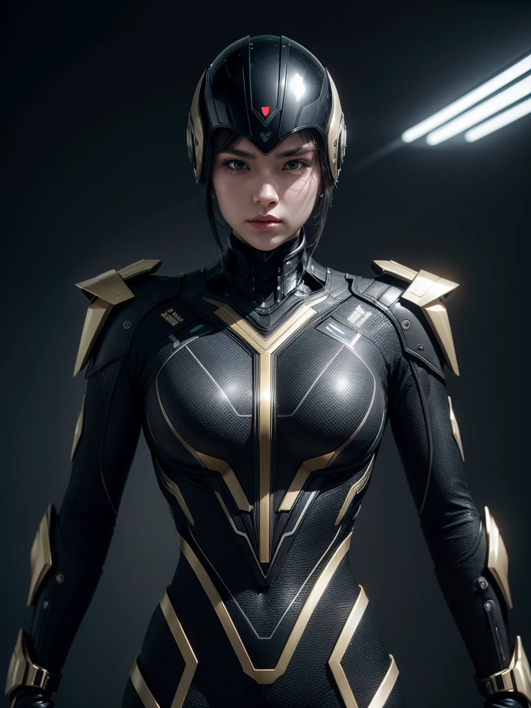 Super advanced technological suit, futurist, ultra detailed 4k, black with gold and silver lines, diseño futurist