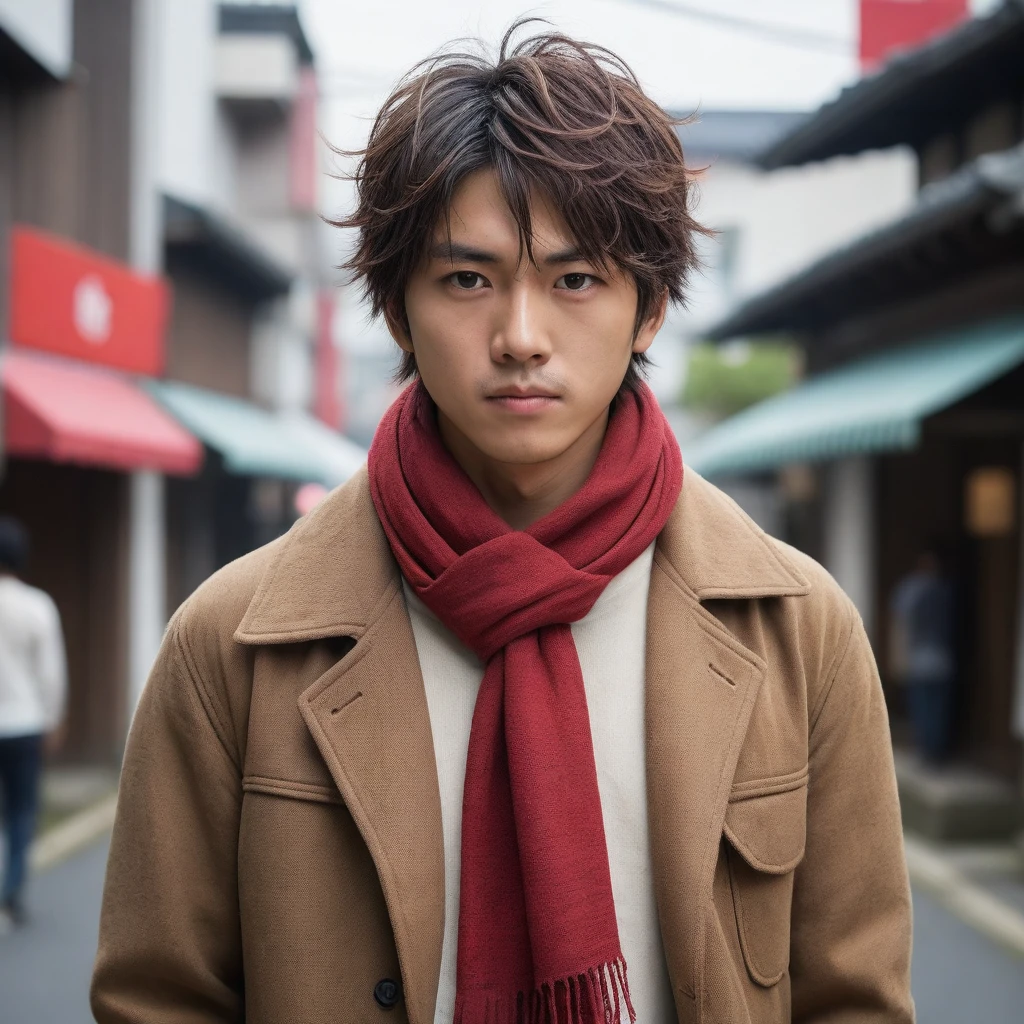 1man, perfect face, Young Japanese man wearing a red scarf and a somewhat old and worn brown jacket, best quality ,masterpiece, illustration, extremely detailed ,CG ,unity ,8k wallpaper, Amazing, finely detail, masterpiece,best quality,official art,extremely detailed CG unity 8k wallpaper,absurdres, incredibly absurdres, huge filesize, ultra-detailed, highres, extremely detailed, messy hair, japanese boy, japan young man, completely white t-shirt, battered red scarf, ryoma nagare, cream coat,18yo, 18 years old, age 18,
