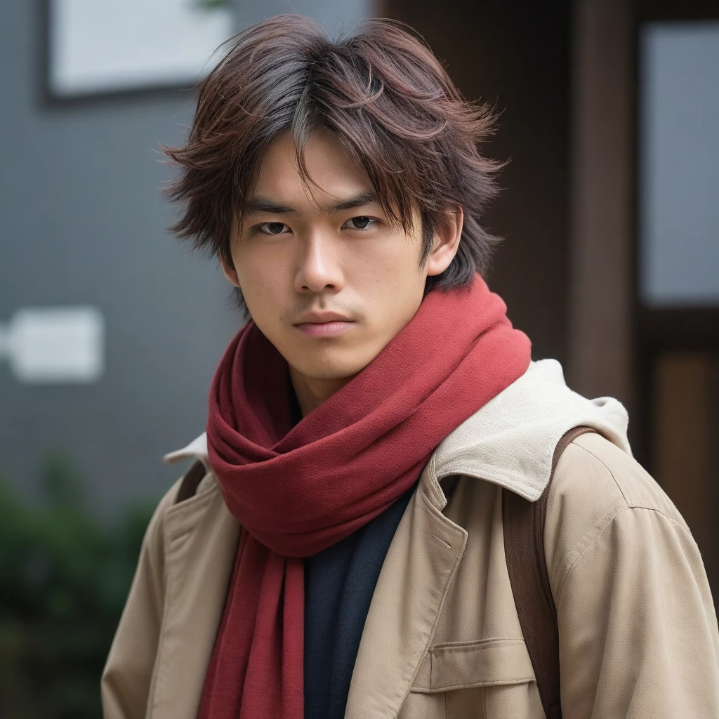 1man, perfect face, Young Japanese man wearing a red scarf and a somewhat old and worn brown jacket, best quality ,masterpiece, illustration, extremely detailed ,CG ,unity ,8k wallpaper, Amazing, finely detail, masterpiece,best quality,official art,extremely detailed CG unity 8k wallpaper,absurdres, incredibly absurdres, huge filesize, ultra-detailed, highres, extremely detailed, messy hair, japanese boy, japan young man, completely white t-shirt, battered red scarf, ryoma nagare, cream coat,18yo, 18 years old, age 18,
