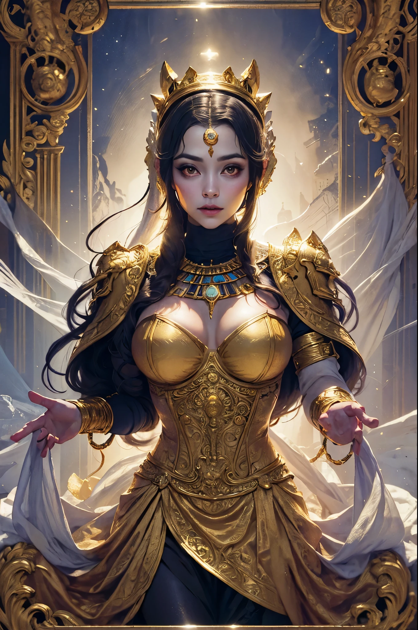  beautiful goddess isis, egyptian goddess, alphonse mucha style, detailed crown, queenie gesture, ornate headdress, flowing robes, golden skin, piercing eyes, intricate details, ethereal lighting, dreamlike atmosphere, vibrant colors, dramatic pose, masterpiece, 8k, ultra-detailed, photorealistic, cinematic, glowing aura