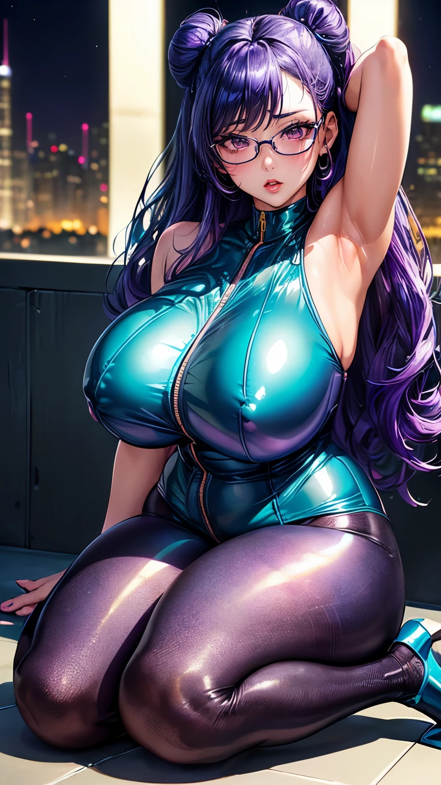 Taiwanese Idol Woman 50 talents Huge boobs ny enough to reflect light、Front zipper full body suit and tights made in super shiny turquoise metallic.)) Chunli plump Super shiny metallic fishnet stockings ((Purple hair with bangs 2 chignon)) ((Wavy Hair)) Red cheeks ((Glasses)) ((Rooftops of skyscrapers at night)) Sweaty Sweaty ((A mature woma of pheromones)) Obscene gaze Sexy Face (Gorgeomakeup) ((鮮やかな赤いルージュのplump唇)) ((Being stared at provocatively from the front)) Voluptuous mature woman Duck moump lips Sit upright with your legs apart Hands behind head Armpit Depicted from below