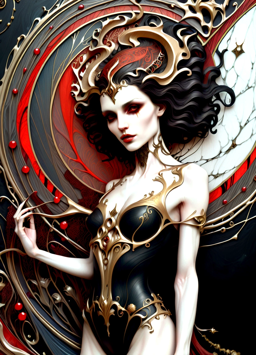 a beautiful illustration of a very muscular vampire girl in an abstract marble texture with a tarot style frame, with colors of obsidian black, shiny gold, and ruby red, highly detailed, intricate design, BY Anne Bachelier,