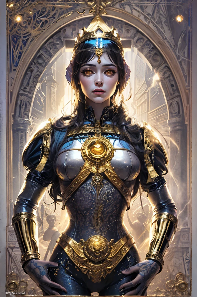 beautiful goddess isis, egyptian goddess, alphonse mucha style, detailed crown, queenie gesture, ornate headdress, flowing robes, golden skin, piercing eyes, intricate details, ethereal lighting, dreamlike atmosphere, vibrant colors, dramatic pose, masterpiece, 8k, ultra-detailed, photorealistic, cinematic, glowing aura
