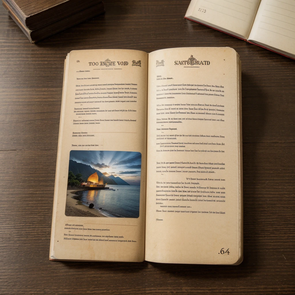 make a pict of Vintage background with old post cards and empty open book, write on book : TERNATE on up side of book, realistic 64k, HDR