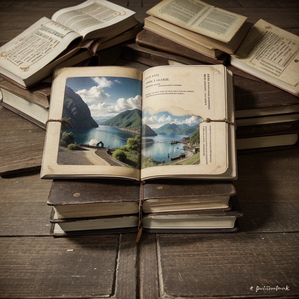 make a pict of Vintage background with old post cards and empty open book, write on book : TERNATE on up side of book, realistic 64k, HDR