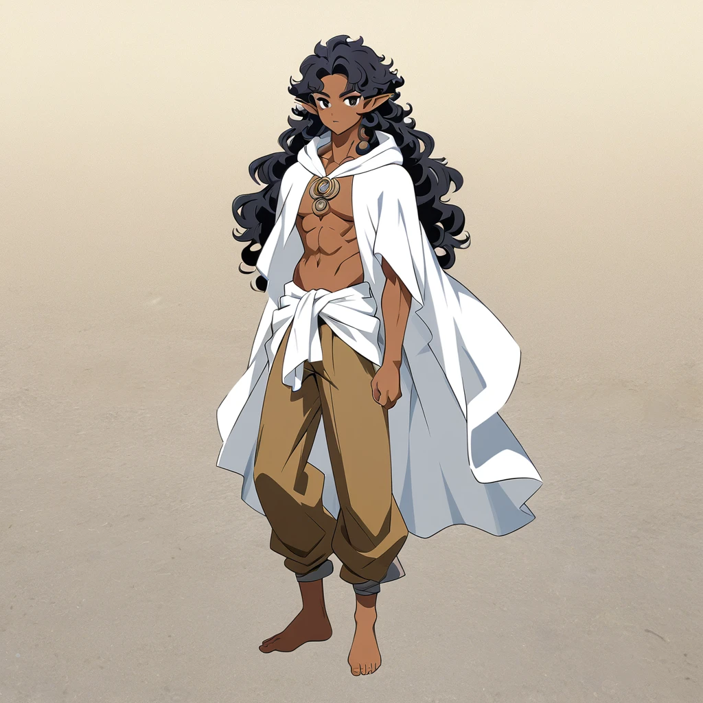 anime art style, dark elf, African skin, black hair, Curly hair, long hair, black eyes, ((man)), athletic body, Druid clothing (white hood, brown pants, white cloth on waist), full body