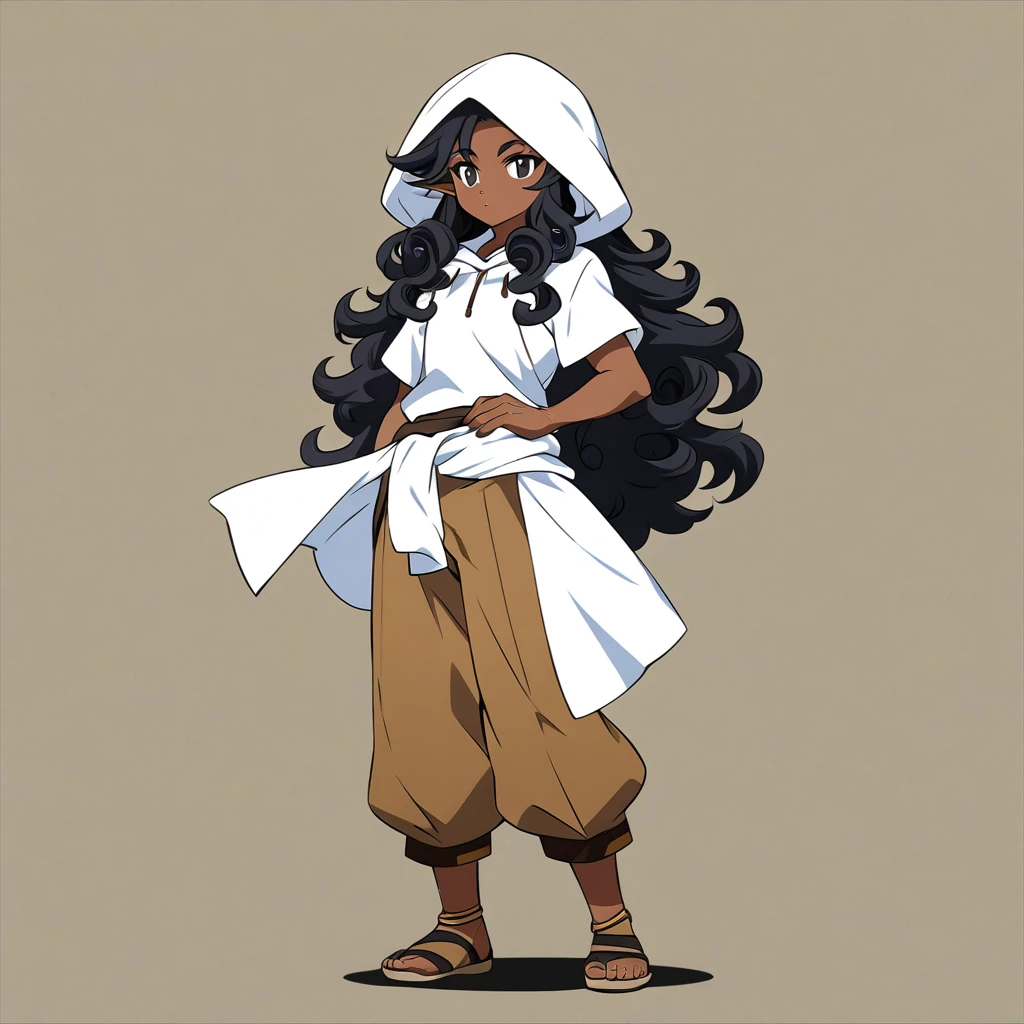 anime art style, dark elf, African skin, black hair, Curly hair, long hair, black eyes, ((man)), athletic body, Druid clothing (white hood, brown pants, white cloth on waist), full body