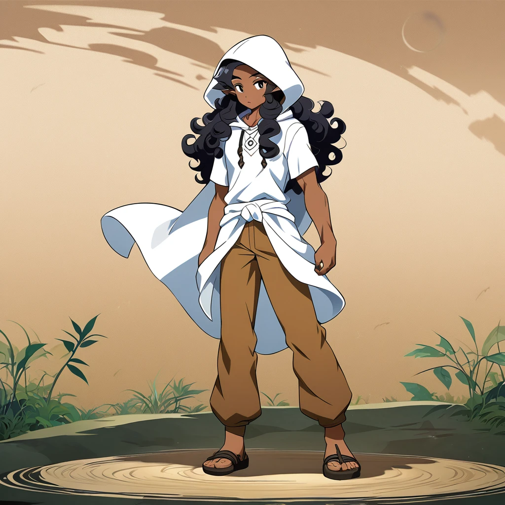 anime art style, dark elf, African skin, black hair, Curly hair, long hair, black eyes, ((man)), athletic body, Druid clothing (white hood, brown pants, white cloth on waist), full body