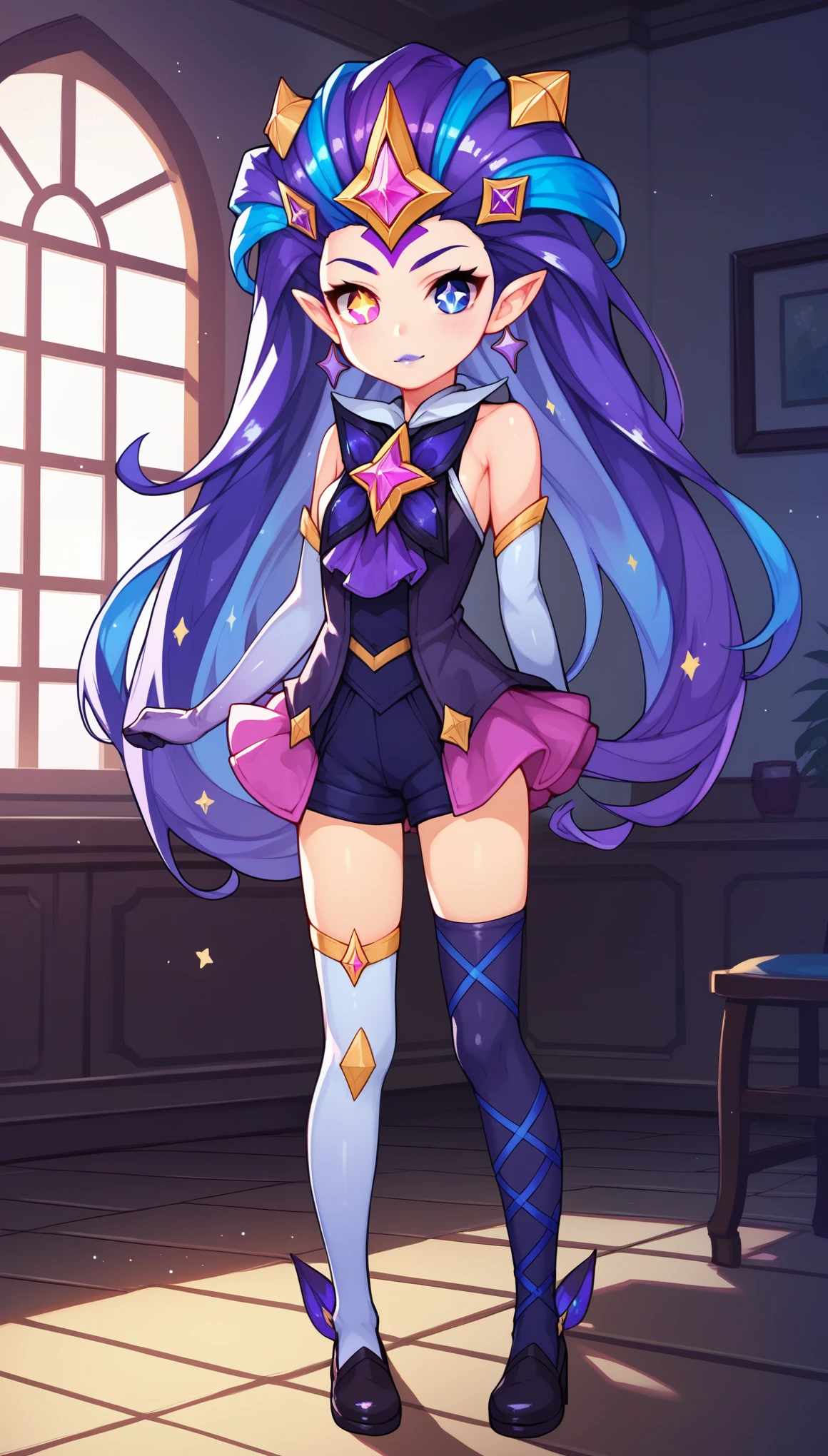 score_9, score_8_up, score_7_up, score_6_up, score_5_up, score_4_up, BREAK, ZoeSGXL, star guardian (league of legends), purple lips, purple eyes, (blue eye), heterochromia, star-shaped pupils, purple hair, blue hair, multicolored hair, long hair, gold star forehead, hair ornament, pointy ears, small breasts, bare shoulders, star (symbol), purple dress, purple elbow gloves, pink skirt, blue short, white single thighhigh, black thighhigh, black shoes, solo, standing, looking at viewer, indoors