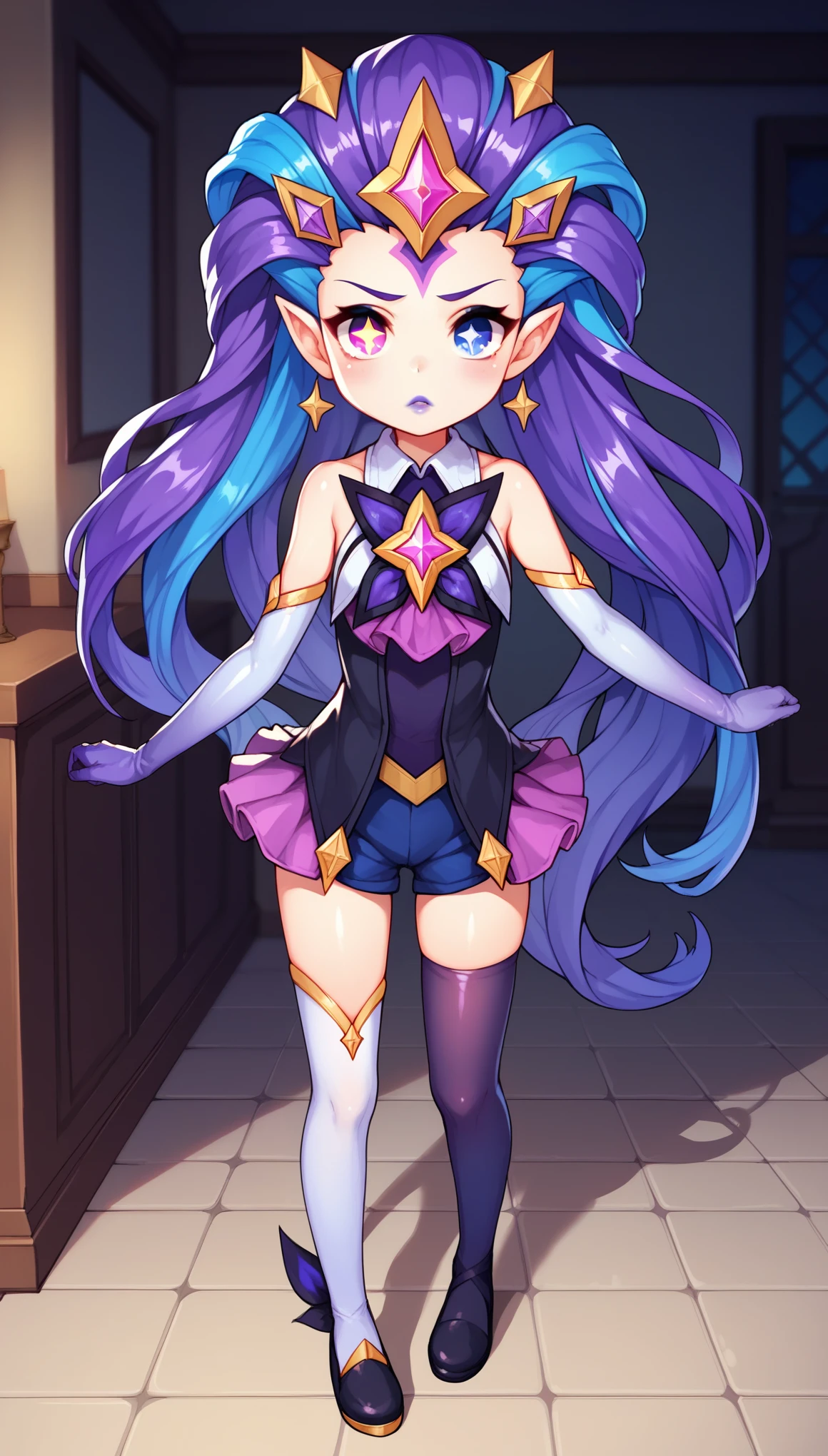score_9, score_8_up, score_7_up, score_6_up, score_5_up, score_4_up, BREAK, ZoeSGXL, star guardian (league of legends), purple lips, purple eyes, (blue eye), heterochromia, star-shaped pupils, purple hair, blue hair, multicolored hair, long hair, gold star forehead, hair ornament, pointy ears, small breasts, bare shoulders, star (symbol), purple dress, purple elbow gloves, pink skirt, blue short, white single thighhigh, black thighhigh, black shoes, solo, standing, looking at viewer, indoors