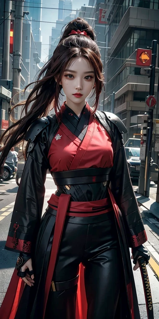 photorealistic, high resolution, soft light,1women, solo, hips up, (detailed face), red long hair, cybersamurai, cyborg, cyberpunk, cyber armor, holding bow,glowing,on the street , kimono , katana