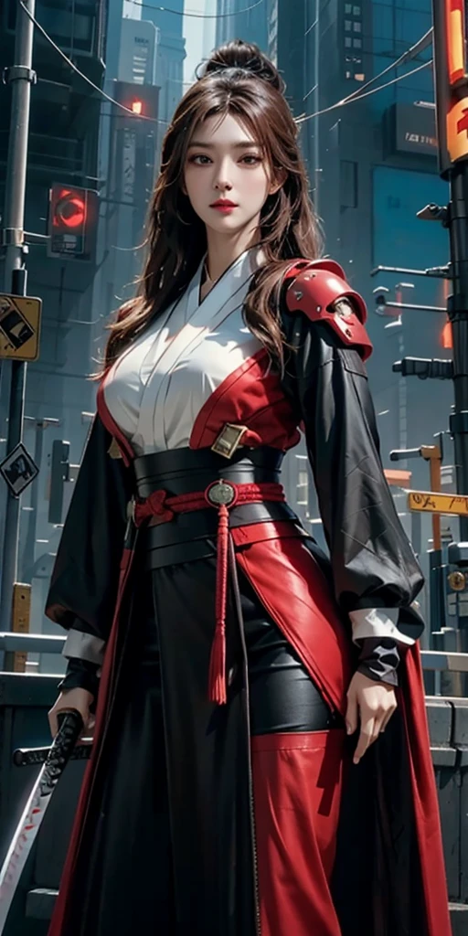 photorealistic, high resolution, soft light,1women, solo, hips up, (detailed face), red long hair, cybersamurai, cyborg, cyberpunk,  cyber armor, holding bow,glowing,on the street , kimono , katana