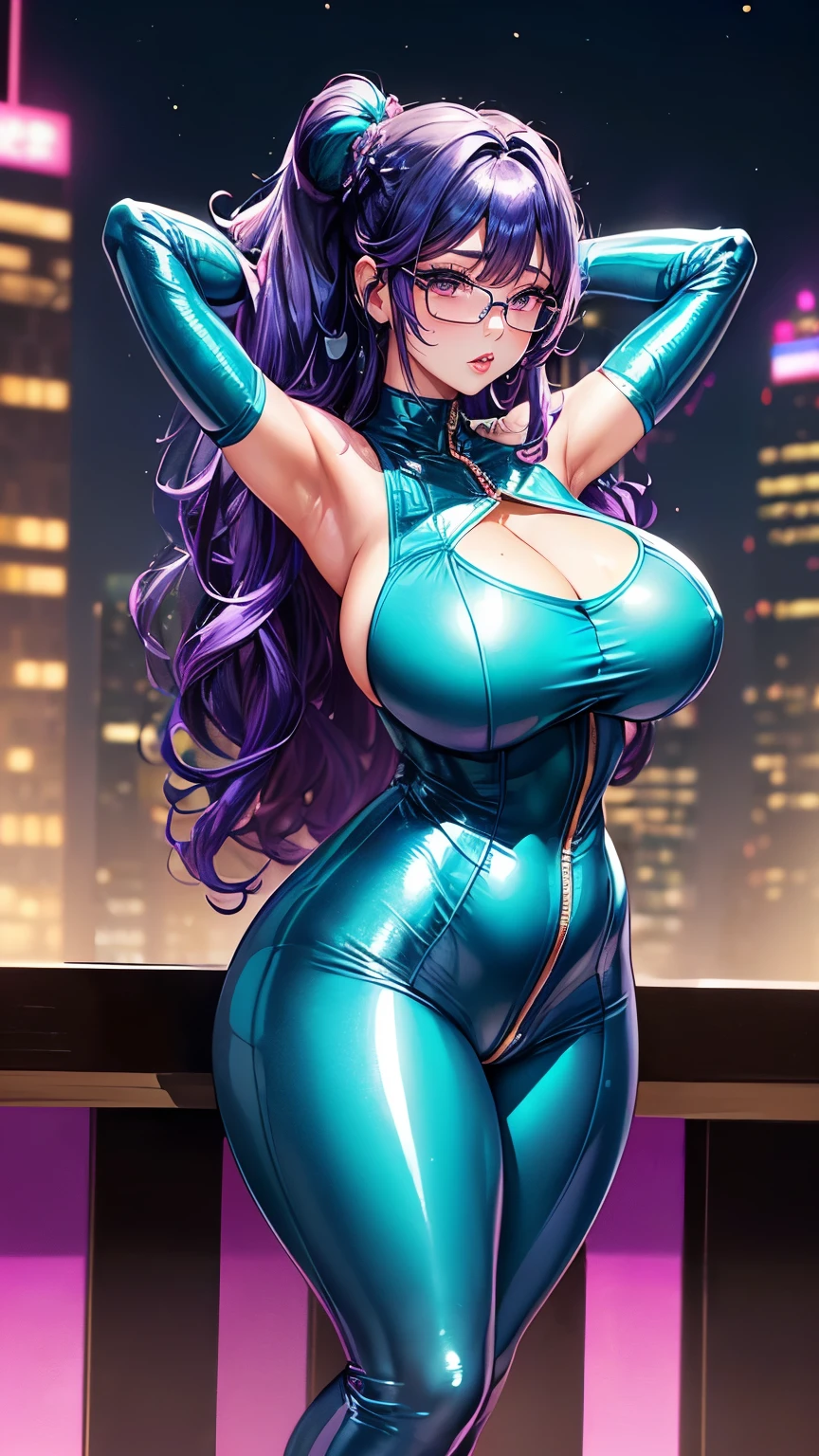 Taiwanese Idol　Mature Woman　50 talents　Huge boobs　((Shiny enough to reflect light、Front zipper full body suit and tights made in super shiny turquoise metallic.))　Chunli　plump　Super shiny metallic fishnet stockings　((Purple hair with bangs 2 chignon))　((Wavy Hair))　Red cheeks　((Glasses))　((Rooftops of skyscrapers at night))　Sweaty　Sweaty　((A mature woman full of pheromones))　Obscene gaze　Sexy Face　(Gorgeous makeup)　((鮮やかな赤いルージュのplump唇))　　((Being stared at provocatively from the front))　Voluptuous mature woman　Duck mouth　plump lips　Sit upright with your legs apart　Hands behind head　Armpit　Depicted from below