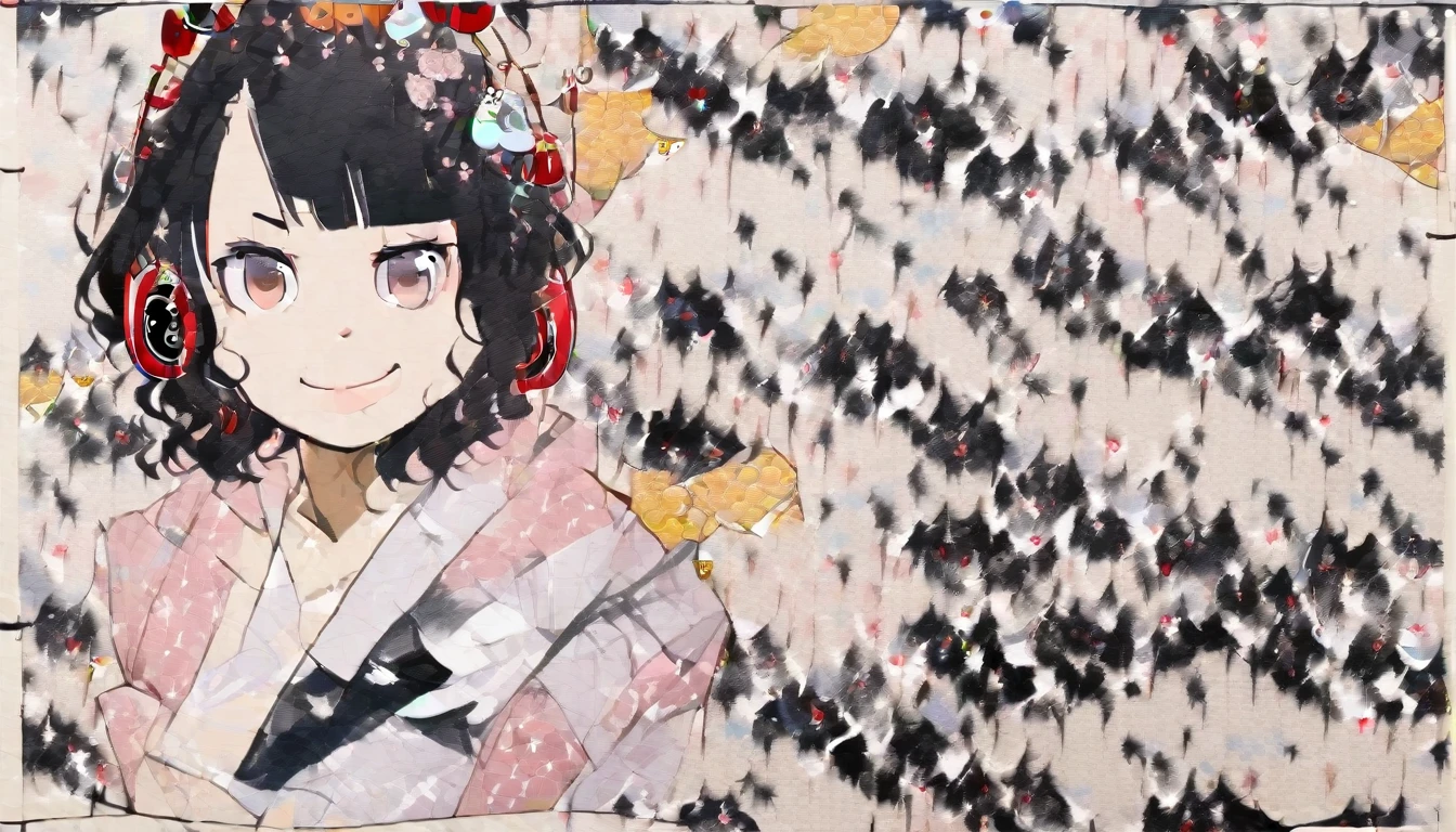 Highest quality, Katsushika Hokusai, Ink Painting, (((medium hair))), (((Cherry blossom))), (((Pastel pink yukata))), Japanese style headphones, beautiful girl, Black Hair, Brown Eyes, smile, Delicate and precise, Modern ukiyo-e style,