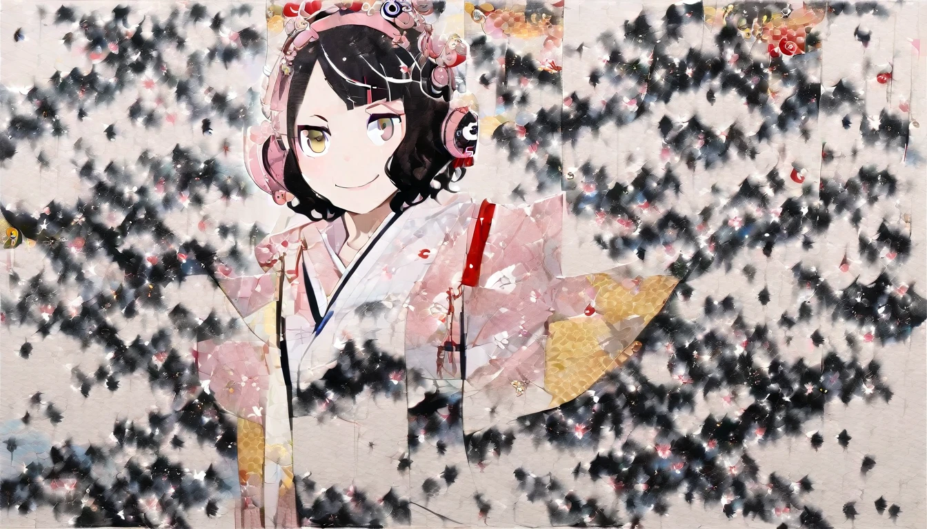 Highest quality, Katsushika Hokusai, Ink Painting, (((medium hair))), (((Cherry blossom))), (((Pastel pink yukata))), Japanese style headphones, beautiful girl, Black Hair, Brown Eyes, smile, Delicate and precise, Modern ukiyo-e style,