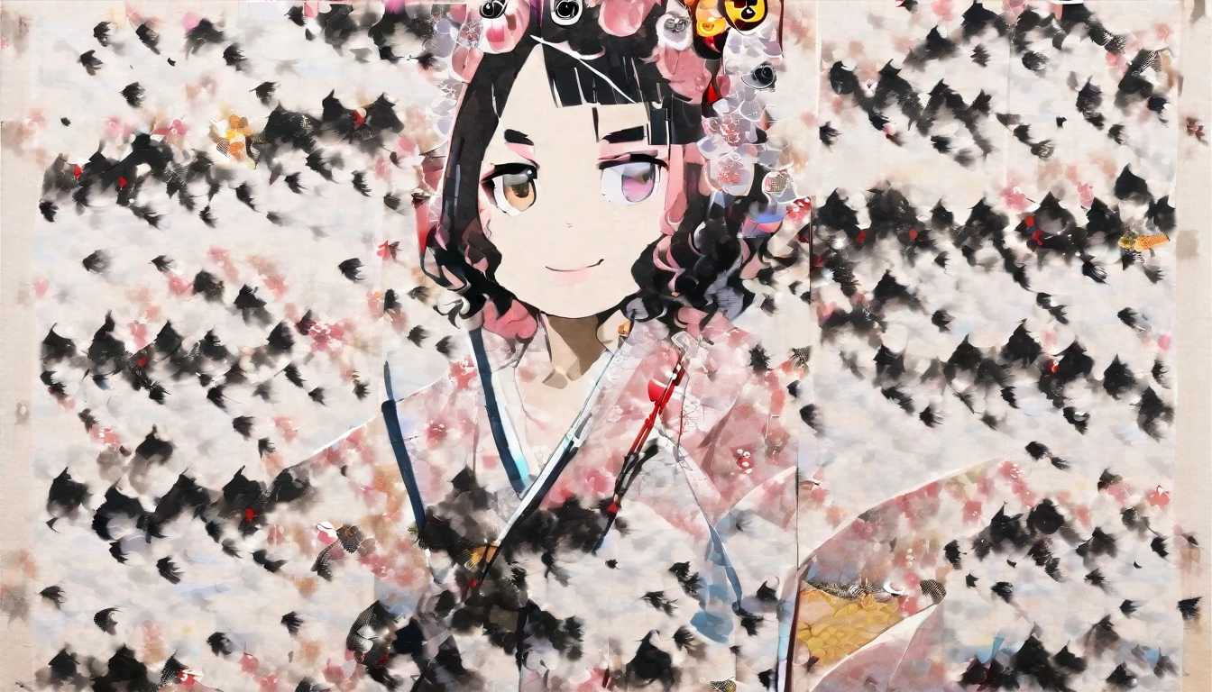 Highest quality, Katsushika Hokusai, Ink Painting, (((medium hair))), (((Cherry blossom))), (((Pastel pink yukata))), Japanese style headphones, beautiful girl, Black Hair, Brown Eyes, smile, Delicate and precise, Modern ukiyo-e style,