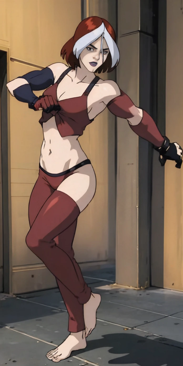 1sologirlRogue looking to viewer, wearing red bikini outfit, full body toe to head, barefeet, tiara, muscle tone body, navel, shaved armpits, short hair, red gloves gauntles