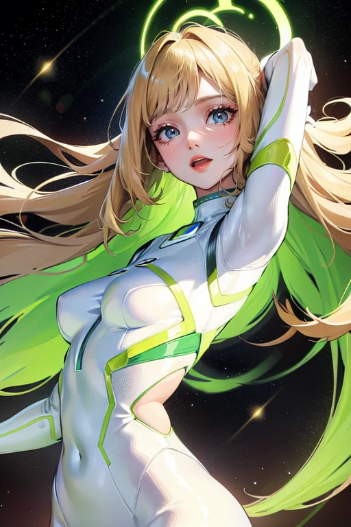 a thin woman with long blonde hair, GREEN eyes, sci-fi space suit. best quality, adorable, ultra-detailed, illustration, complex, detailed, extremely detailed, detailed face, soft light, soft focus, perfect face. illustration:full body