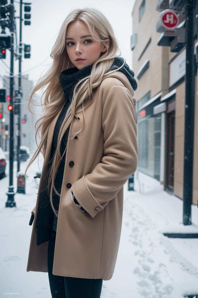 professional photography of a beautiful norwegian girl in winter clothes with long wavy blonde hair, sensual and seductive look, beautiful symmetrical face, beautiful natural makeup, wearing chic warm winter fashion clothing, ((standing outside on the snowy city street)), impressive modern urban environment, ultra realistic, conceptual artwork, chic, highy detailed, intricate, sharp focus, Depth of field, f/1. 8, 85 mm, medium shot, mid shot, (((professional color grading))), soft and bright diffused light, (Volumetric fog), Trends on Instagram, HD 4k, 8K