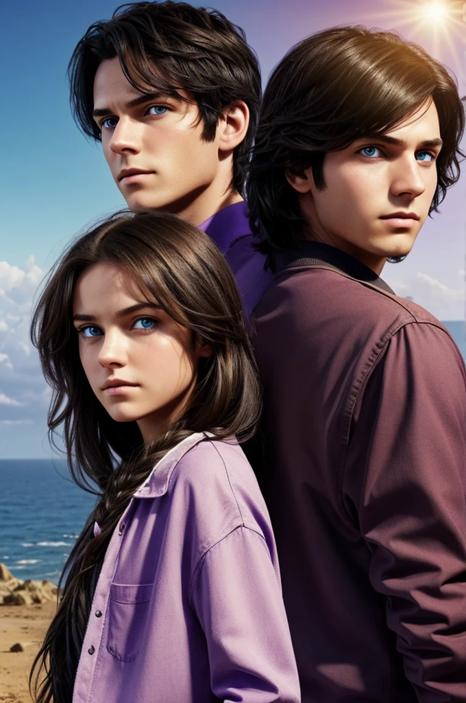 A Man and a Woman, back to back, serious looking at the horizon, The boy has messy black hair and blue eyes and the girl has light brown hair and vanilla eyes. The light hits them from behind., video game illustration, They both have purple clothes"