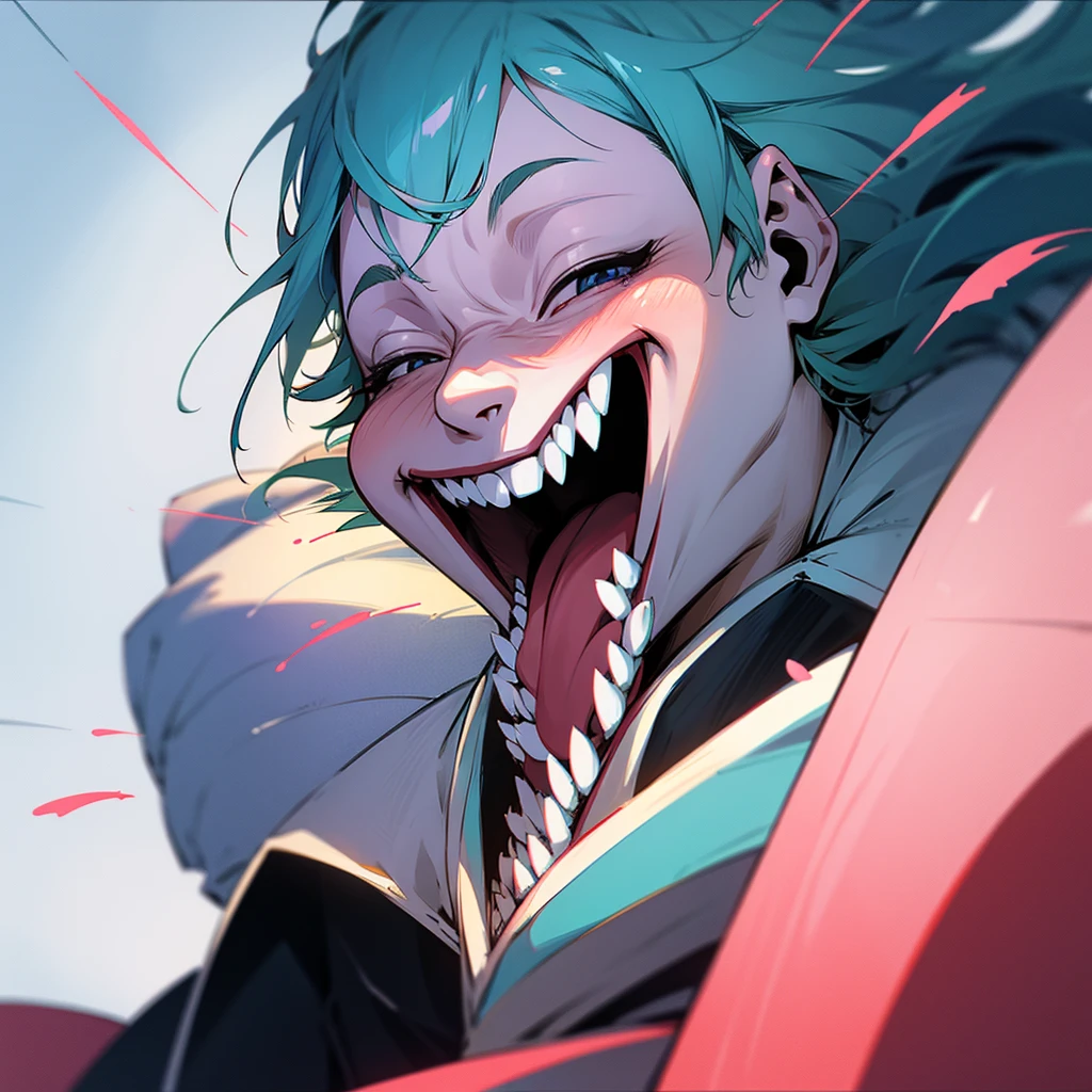 a close up of a person with a bubble in their mouth, android jones and atey ghailan, layout frame, album is called tripmachine, instagram story, ahegao, sharp teeth grin, promotional images, screenshots, still from anime