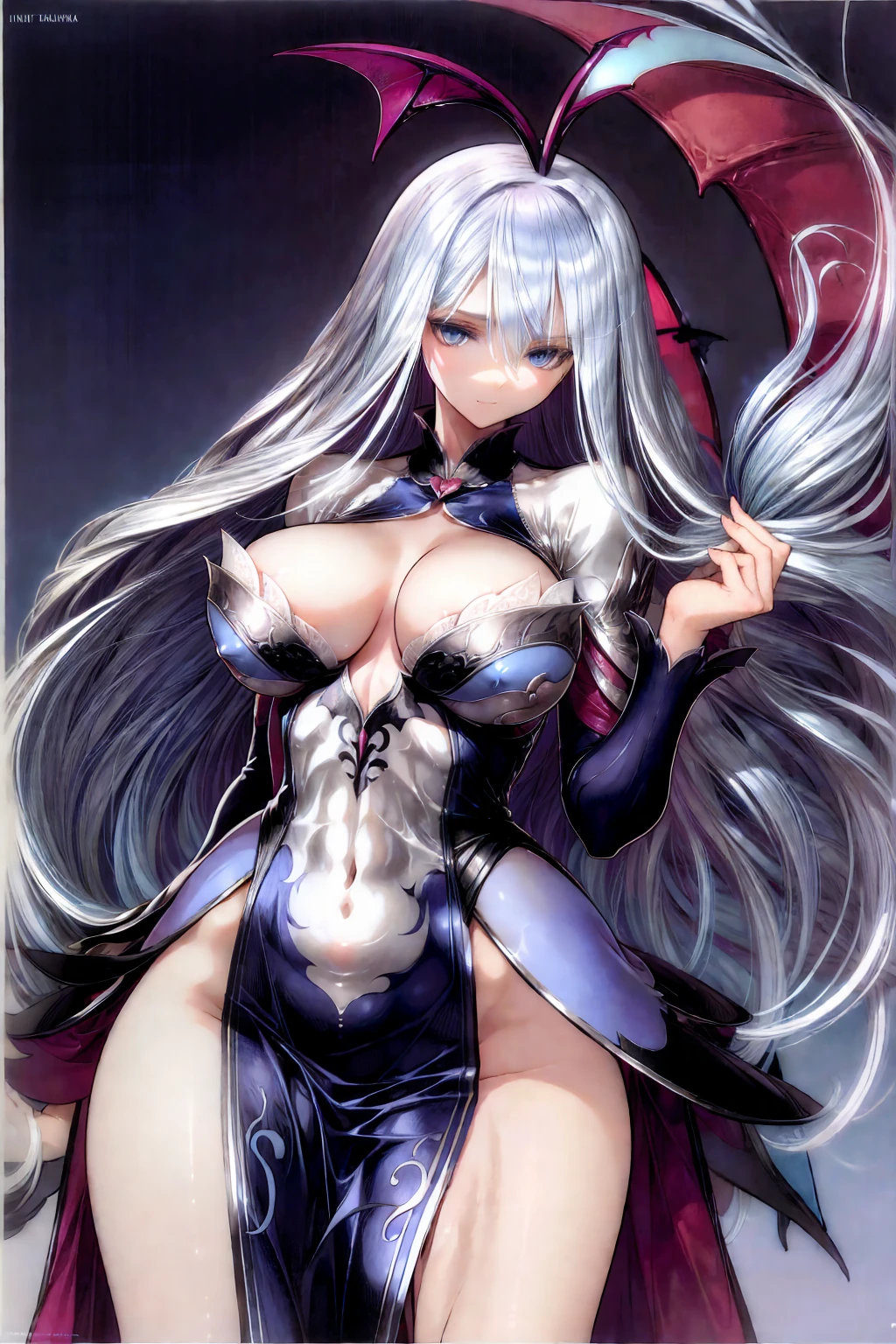 (((1 demoness))), ((detailed blue eyes)), ((long silver hair)), large breasts, curvy hips, perfectly drawn body, seductive smile, white dress, adorned with blue roses, casting spells, best quality, masterpiece, ultra-detailed