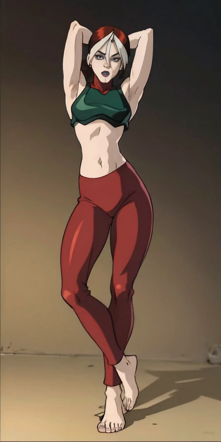 1sologirlRogue looking to viewer, wearing red bikini outfit, full body toe to head, barefeet, tiara, muscle tone body, navel, ARMS UP showing shaved armpits, short hair, red gloves gauntles like Cammy White from Street Fighter